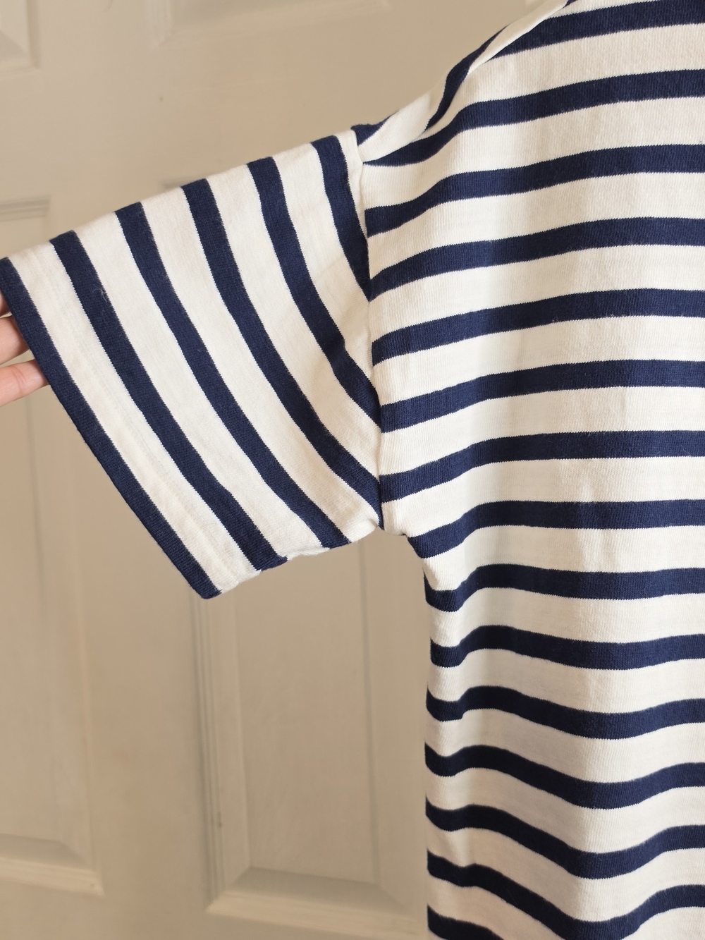 LOFT Navy 100% Cot White Striped Short Sleeve Boatneck Top with Shoulder Buttons - Picture 6 of 8